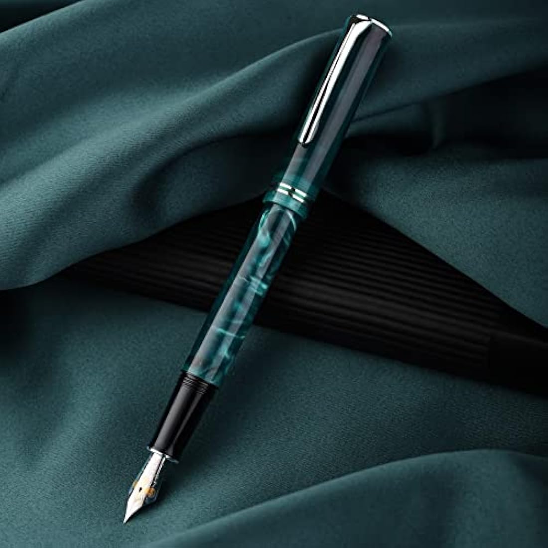 Hongdian N2 Fountain Pen, Iridium Extra Fine Nib Teal Blue Acrylic Design, Smooth Writing Pen with Converter and Metal Pen Box Set