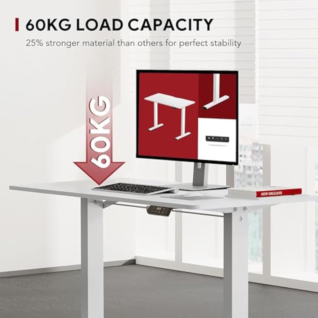 SANODESK QS+110 * 60 Electric Standing Desk ONE PIECE Height Adjustable Standing Desk With Memory Smart Panel Sit Stand Table Adjustable Desk Stand Up Desk for Home Office(White Frame+ White Desktop)