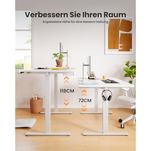 ErGear Electric Standing Desk 140 x 80 cm, Height Adjustable Desk, Sit Stand Table with Easy-Glide Drawer & 4 Memory Smart Pannal, T-Leg Design for Stability, Splice Board, White Frame & Surface