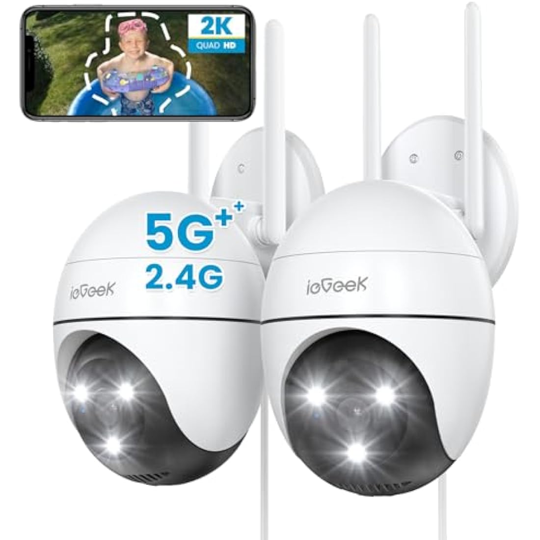ieGeek 2.4G/5GHz PTZ Security Camera Outdoor, 2K Dual-Band WiFi CCTV Camera, Color Night Vision, WiFi Home IP Camera with Human Detection, Siren, 2-Way Audio, Support Alexa, Memory/Cloud, 2PCS (Wired)