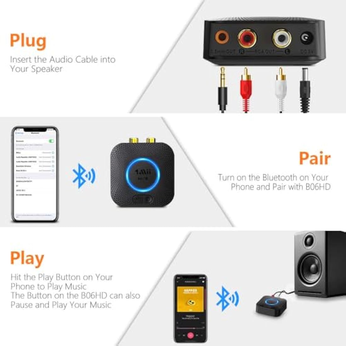 1Mii B06HD Bluetooth 5.1 Receiver for HiFi, aptX HD & Low Latency Bluetooth Audio Adapter with 3D Surround, RCA and 3.5mm Jack Audio Receiver for Music Streaming Sound System, 15Hrs Battery Life