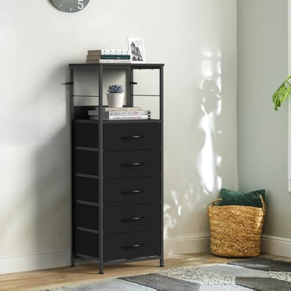 CADUKE Chest of Drawers, Tall Storage Tower with 5 Fabric Drawers for Bedroom, Sturdy Steel Frame & Wooden Top, Fabric Dresser for Living Room, Hallway, Entryway, Nursery, Black