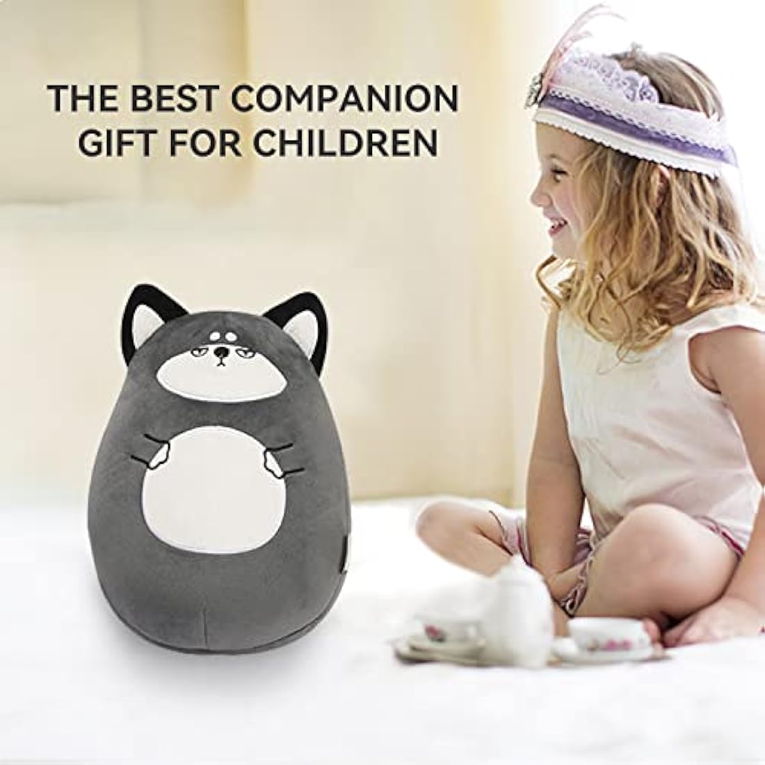 JOYRAVO Kids Travel Pillow - 2-in-1 Deformable Neck Pillow, Soft U-Shaped Pillow with Cute Plush Animals Comfy Sleep and Play Companion for Airplanes, Cars, and Travel - Husky