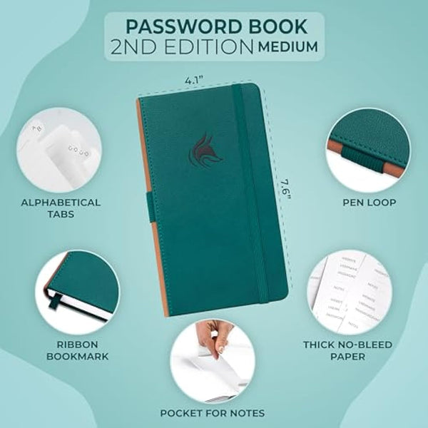 Clever Fox Password Book 2nd Edition – Hardcover Password Keeper with Laminated Alphabetical Tabs – Internet Address Notebook & Login Details Organizer Journal – 10.4x19.3cm (Dark Teal)