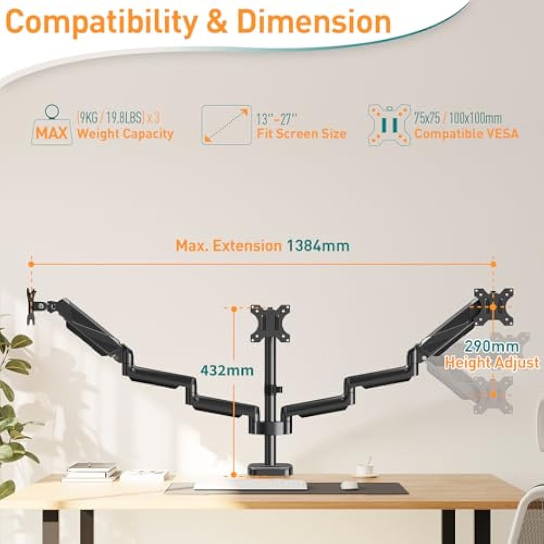 ELIVED Triple Monitor Arms - Adjustable Gas Powered Desk Mount for 3 Monitors - 13-27 Inch, VESA 75x75/100x100, C-Clamp and Grommet Base
