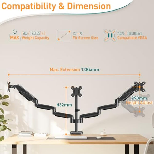 ELIVED Triple Monitor Arms - Adjustable Gas Powered Desk Mount for 3 Monitors - 13-27 Inch, VESA 75x75/100x100, C-Clamp and Grommet Base