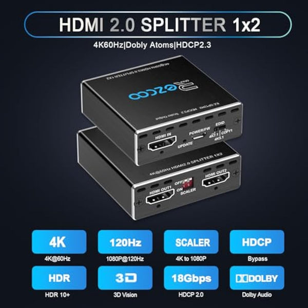 HDMI Splitter 4K 60Hz 1x2 1080P 120Hz HDCP HDR 18Gbps UHD D-olby Vision Atmos Scaler 4K EDID 1080P Dual Monitors HDMI 2.0 Splitter 1 in2 out for PS5,SkyQ,Xbox, Fire Stick BluRay Apple TV Projector