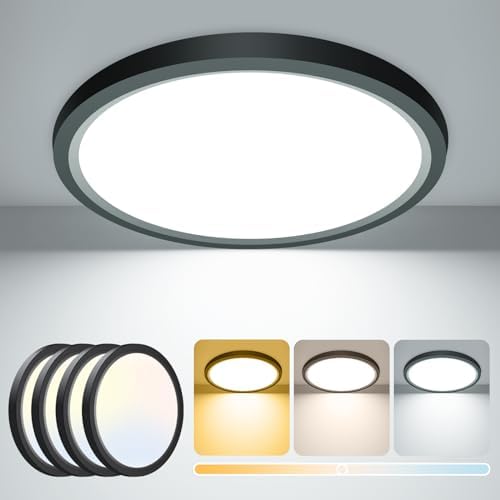 zemty [4 Pack 15W 1800LM LED Ceiling Light, Bathroom Lights Ceiling 3000K/4000K/6500K, 18cm IP44 Waterproof Ultra Thin Round Black Flush Ceiling Light for Living Room,Bedroom,Kitchen,Toilet
