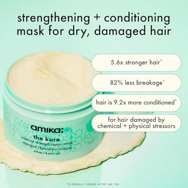 amika the kure intense strength repair hair mask - strengthening hair care for dry, damaged strands - rich deep conditioner enriched with bond fortifying technology to help reduce breakage (250 ml)