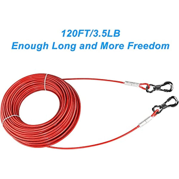 Dog Tie Out Cable with 360° Swivel Lockable Hook and PVC Coating, 10ft 15ft 20ft 25ft 40ft 60ft 120ft Reflective Dog Lead Line, Galvanized Steel Wire Rope for Small Medium Pet Up to 60, 120, 250 lbs
