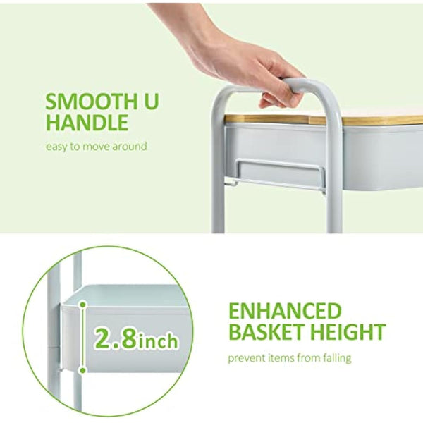 KINGRACK 3 Tier Metal Storage Trolley on Wheels with Removeable Wooden Worktop Trap Table Cover, Beauty Book Craft Tea Art Trolley for Home Bathroom Kitchen Laundry, No screws needed Easy