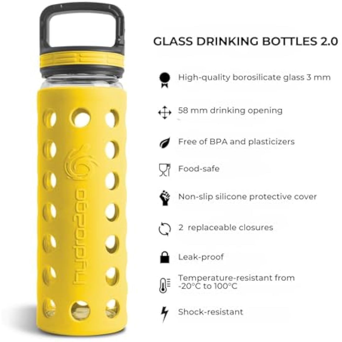 hydro2go Glass Water Bottle with Silicone Sleeve – Dishwasher Safe, 2 Interchangeable Lids, 100% Leak-proof & BPA-free – Ideal for Children, Office, Sports & Outdoor (Blazing Yellow 2.0) – 550 ml