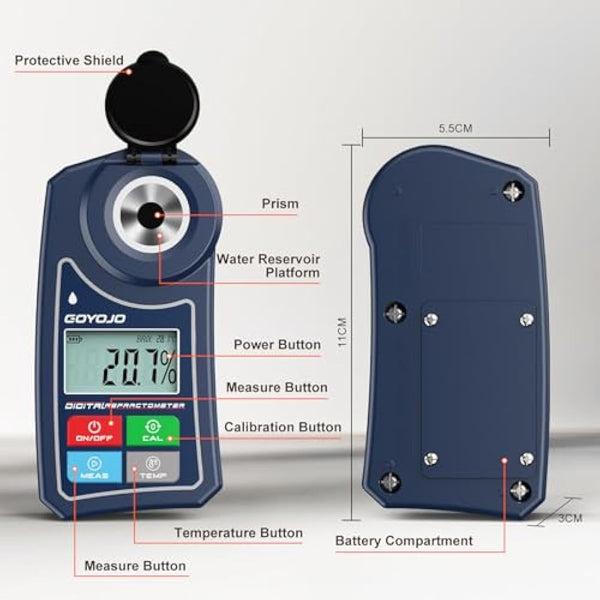 Digital Brix Refractometer, Brix Meter with Automatic Temperature Compensation for Water Samples, Food, Fruits, Beverages, and Crop Sugar Content (0.0-55.0% Brix)