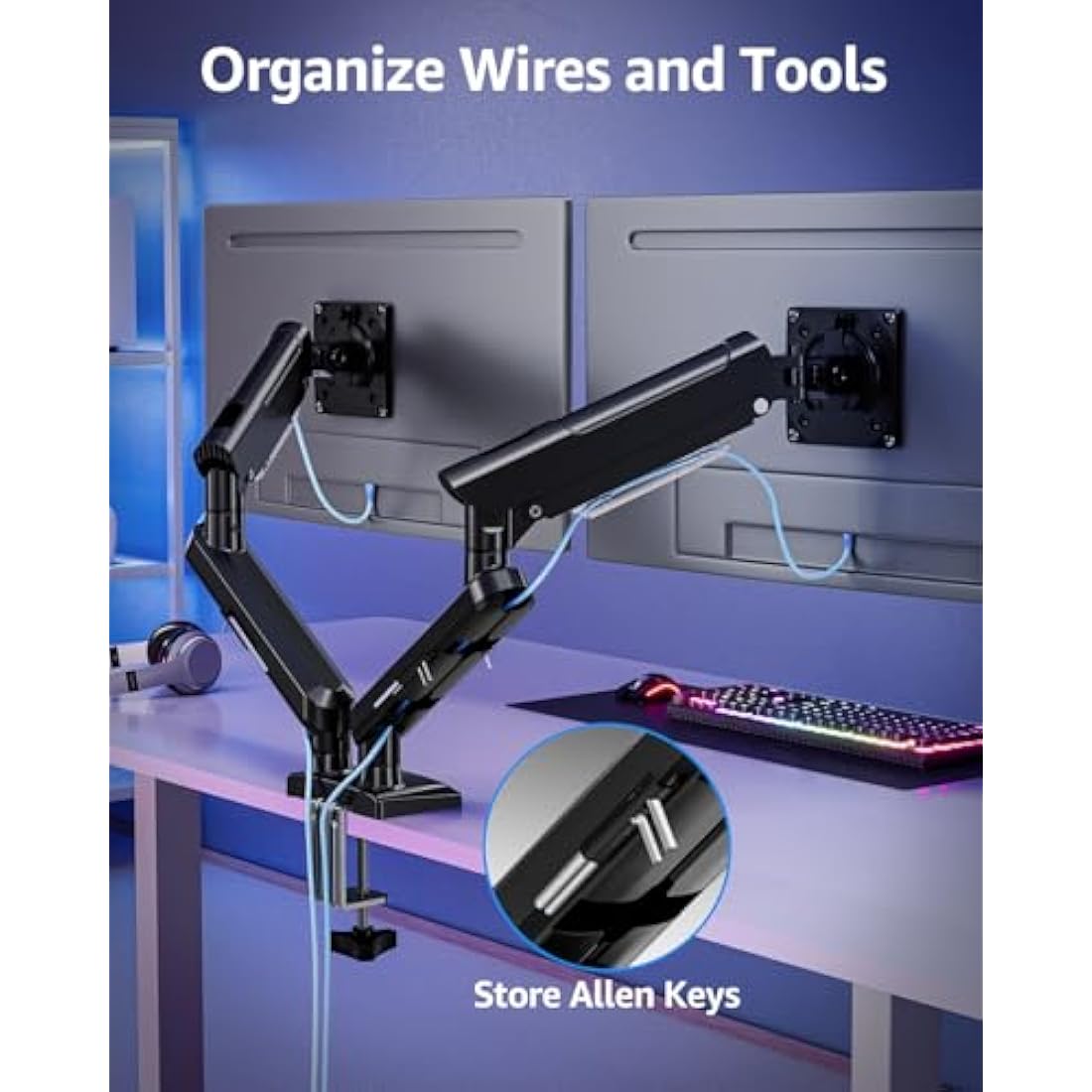 ELIVED Dual Monitor Arm Desk Mount for 13-32 inch Screen, Height Adjustable Double Gas Spring Arm, Gaming Monitor Arm Holds 2-9kg, VESA 75x75 100x100 with C-clamp& Grommet, Freelift Pro Black EV6012B