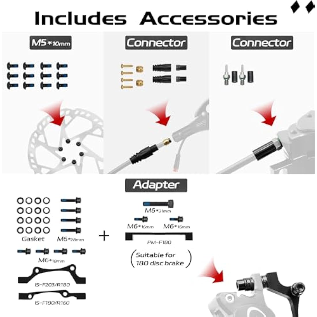 DYISLAND E-Bike Hydraulic Disc Brake Set 4-Pistons/2-Pistons, 2-PIN/3-PIN Pre-Bled with Mineral Oil Brakes Kit，Front and Rear Set，with 180mm 2.3mm Thick Rotors