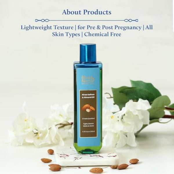 Blue Nectar Saffron & Almond Oil, Ayurveda Product for Crepey Skin | Skin Firming Body Oil for Stretch Marks (12 Herbs, 200ml
