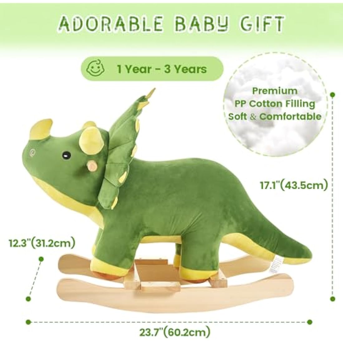 FUNLIO Dinosaur Baby Rocking Horse for Toddlers 1-3 Years, Mighty & Cute Green Plush Rocking Triceratops, Stuffed Ride-on Dinosaur Rocker, Easy to Assemble, CPC & CE Certified