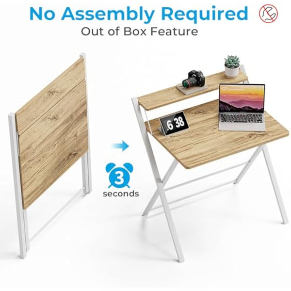 GreenForest Folding Desk No Assembly Required,Computer Desk with Monitor Shelf,Small Desk for Small Space,Oak