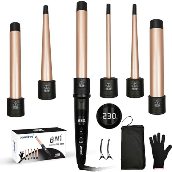 janelove Hair Curler, Curling Wand,6 in 1 Hair Iron Set for Long/Short Hair, with 5 Interchangeable Ceramic Barrel,Include Large/Small Curlers,with Heat Resistant Glove