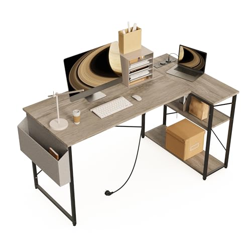 BEXEVUE Small L Shaped Desk with Power Outlets - 100x70cm Gaming Corner Computer Desk Writing Table, Reversible Large Storage Shelves, Bookshelf Workstation for Study Play Work Home Office Black