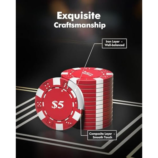HEITOK Poker Set for Texas Hold'em with 300-Piece 11.5g Denominations Poker Chips, 5 Dice & 2 Decks in Portable Aluminum Case – Professional Blackjack Games (Age 8+)
