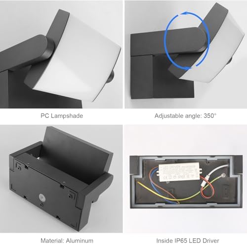 Klighten 24W LED Wall Light Outdoor Indoor Waterproof IP65 Adjustable Lamp Modern Outside Light Aluminum Wall Lighting for Entrance Garden Balcony, Dark Gray, Warm White 2700K-3000K