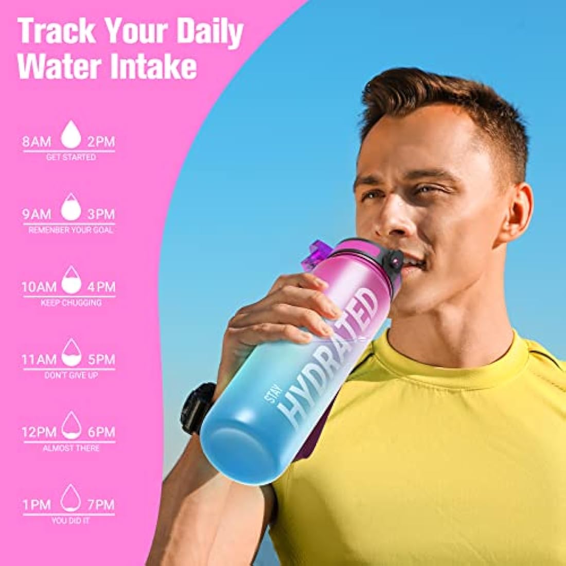 Sahara Sailor Leakproof Water Bottle 1L/500ML/750ML, Tritan BPA Free Motivational Sport Drinks Bottle with Clear Time Marker, Lock Cover, Easy Clean Brush, Durable for Gym, School, Cycling (1 Bottle)