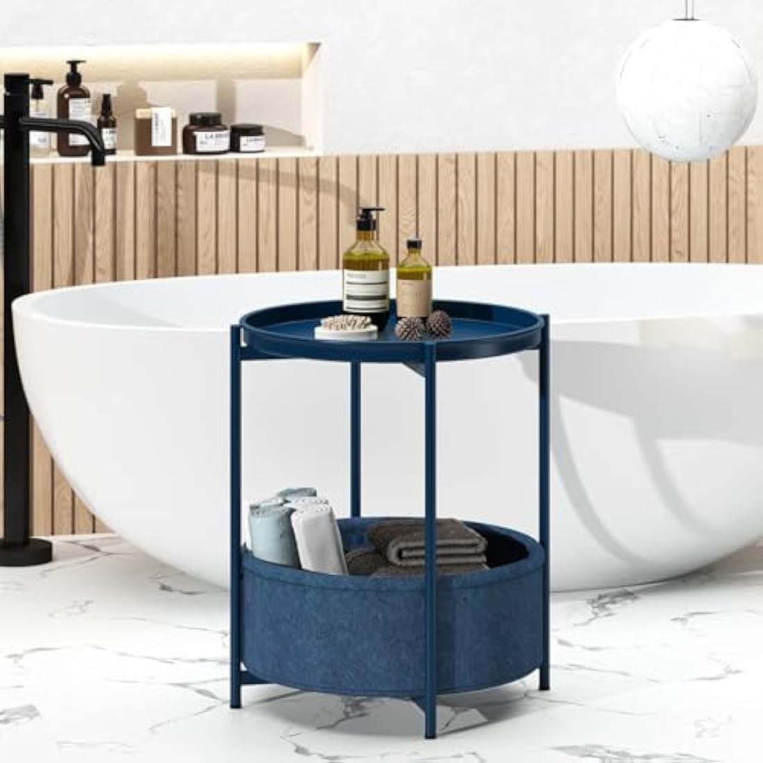 Huhote Side Table, Round End Table with Fabric Basket, Small Bedside Table, Nightstand Sofa Table for Living Room, Bedroom, Bathroom, Balcony, Modern Style (Blue)