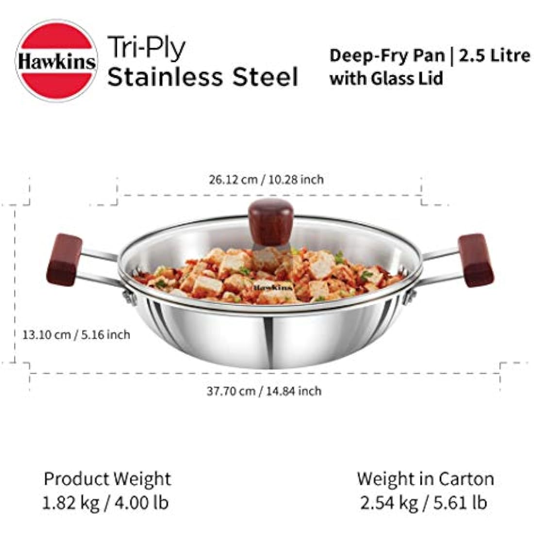 HAWKINS 2.5 Litre Deep Fry Pan, Triply Stainless Steel Kadai with Glass Lid, Flat Bottom Induction Kadhai, Silver (SSD25G)