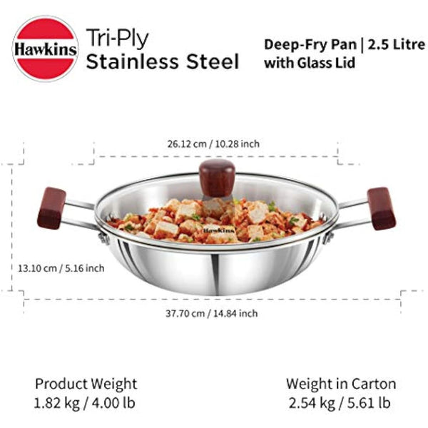 HAWKINS 2.5 Litre Deep Fry Pan, Triply Stainless Steel Kadai with Glass Lid, Flat Bottom Induction Kadhai, Silver (SSD25G)
