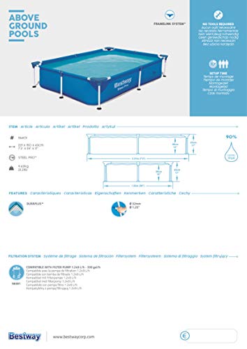 Bestway 56401 Steel Pro Pool | Swimming Pool, Rectangle Above Ground Fast Set Pool, Children’s Detachable Pool, Multiple Sizes, Blue, 221 x 150 x 43 cm