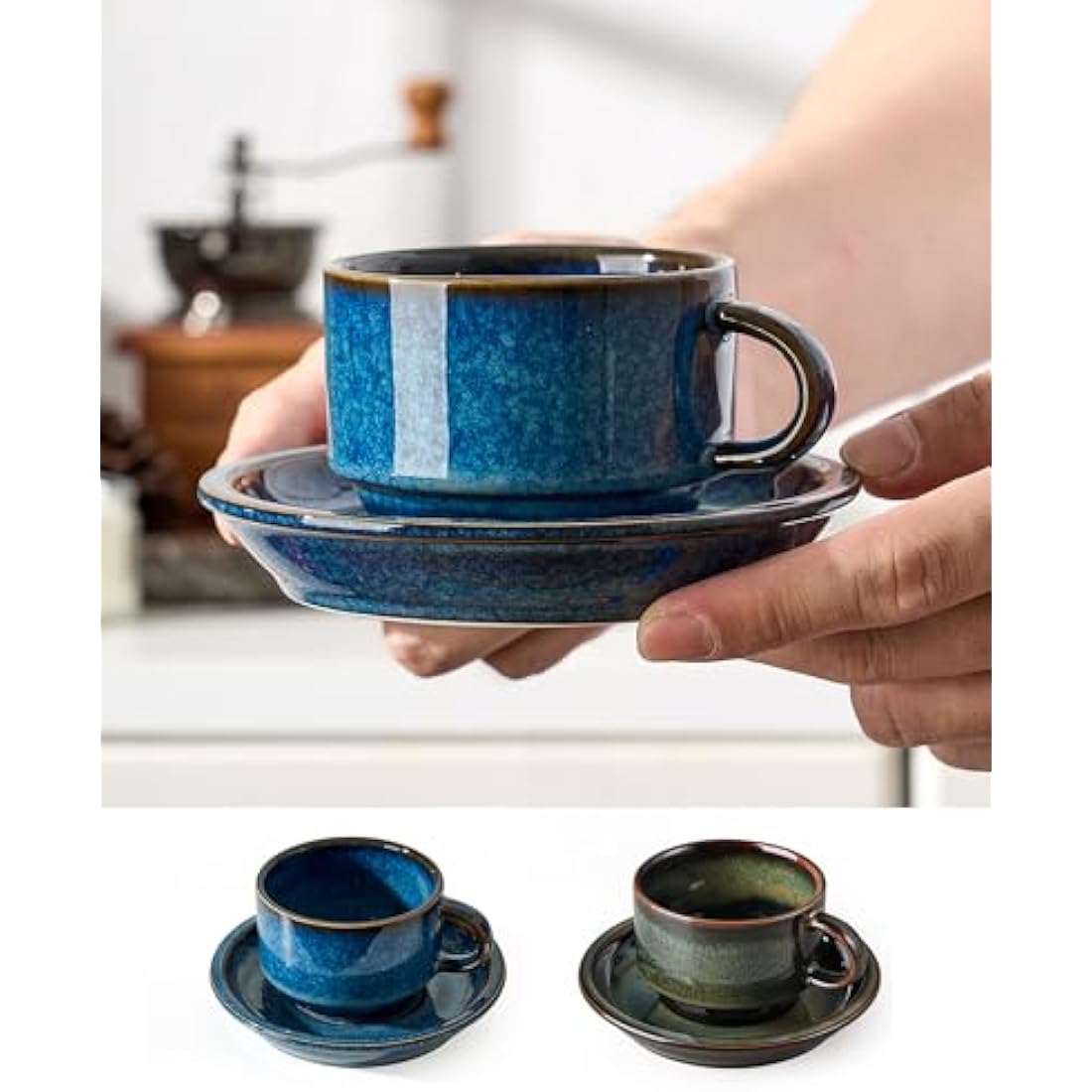 HOME DECOR Cappuccino Cups Set - Reactive Glaze Process - 6 x 140 ml Coffee Cups with Saucer & Stand - Elegant Ceramic Cups for Espresso, Cappuccino and Latte - Reactive Glaze Blue
