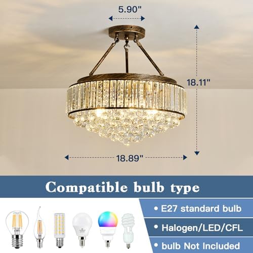 EOPSPYI 6-Lights Modern Crystal Chandelier Bronze Metal Semi Flush Mount Ceiling Light Fitting Round Ceiling Light for Dining Room Living Room Bedroom Bathroom Kitchen