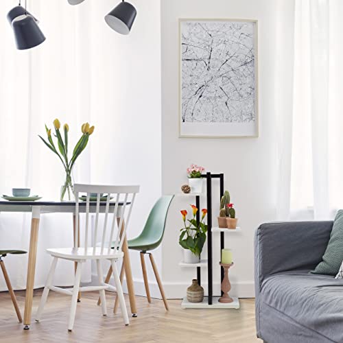 Relaxdays Metal Flower Stand, 4-Tier Indoor Pot Shelf Ladder, Wooden Look, HxWxD: 93 x 42.5 x 22.5 cm, Plant Rack, White, Steel