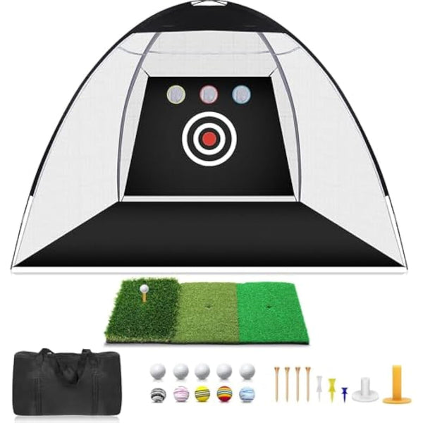 Golf Practice Net 10×7×6 ft (3×2.1×1.8 m) with Tri-Turf Mat – Indoor & Outdoor Golf Hitting Net for Backyard Driving, Chipping, Swing Training – Includes Target, Balls, Tee & Carry Bag