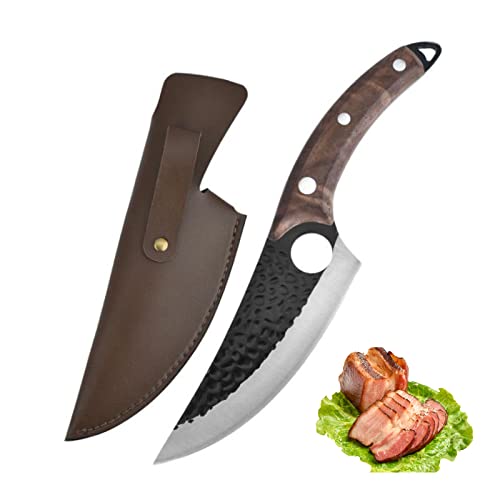 Fubinaty Chef's Knife Handmade Forged Kitchen Knives 6'' High Carbon Steel Cooking Knife with Leather Sheath and Full Tang Rosewood Handle