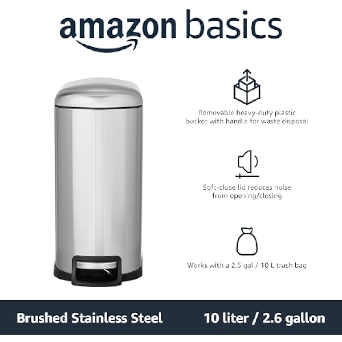 Amazon Basics Smudge Resistant Small D-Shaped Trash Can With Soft-Close Foot Pedal for Bathroom,Bedroom or Living room, Slim shape for narrow space, 10 l /2.6 gallons, Brushed Stainless Steel