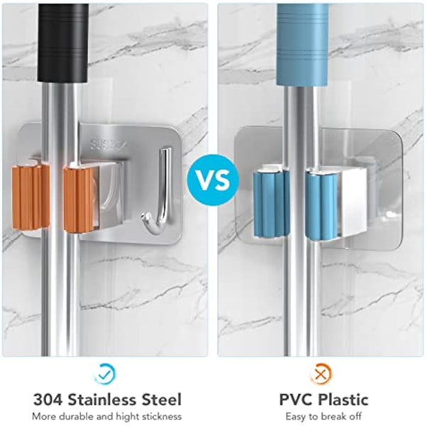 homeasy Mop Broom Holder, 4 Pcs Stainless Steel Self Adhesive Mop Holder Wall Mounted with Hooks Hanger Self-Adhesive Broom Holder (Orange)