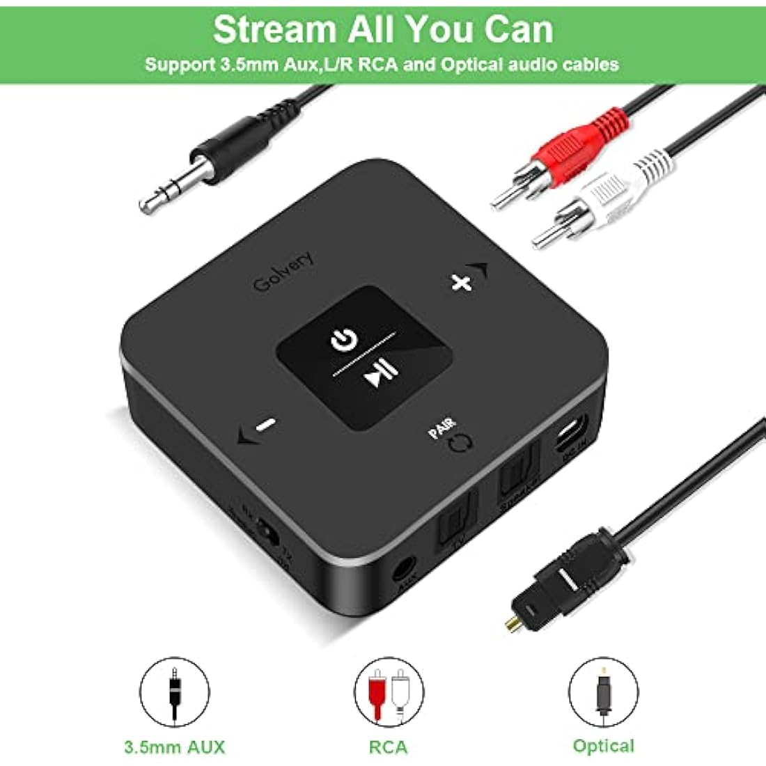 Golvery Bluetooth 5.0 Transmitter Receiver for TV, 2 in 1 Bluetooth Aux Adapter for PC/DVD/MP3/Car/Home Stereo/Speaker/Gym, Optical/RCA/AUX Connection, 25 Hours Playtime, Pair 2 Devices Simultaneously