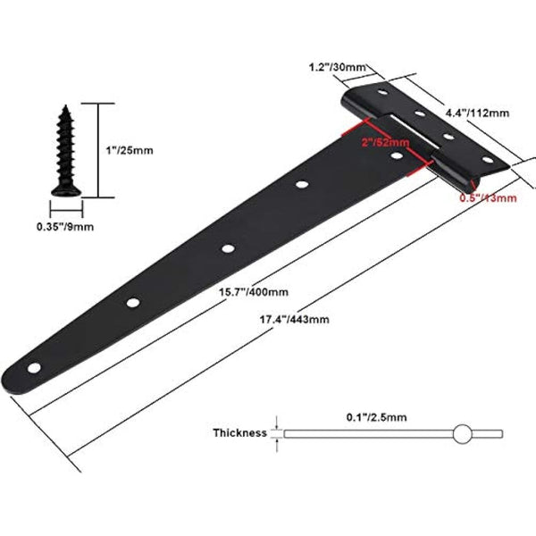 Heavy Duty T-Hinges 16 Inch (400mm) Tee Hinge for Wooden Door Gate, Black, 3 Pack, Matching Screws Included
