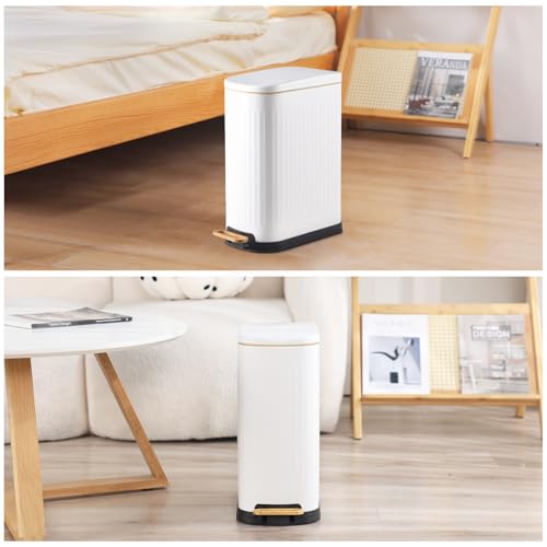 ELPHECO Slim Bathroom Trash Can Foot-Operated Stainless Steel Garbage Can with Soft Close Lid Step Trash Bin with Removable Inner Bucket for Bedroom, Office, Kitchen (White, 3.5 Gallons)
