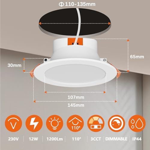 ENUOTEK Dimmable 12W LED Large Downlights Kitchen Bathroom Ceiling Recessed Lamps 1100Lm CCT Selectable 3000K 4000K 6000K 230V Cut Out Diameter 110-135MM IP44 Dampproof 3 Lamps