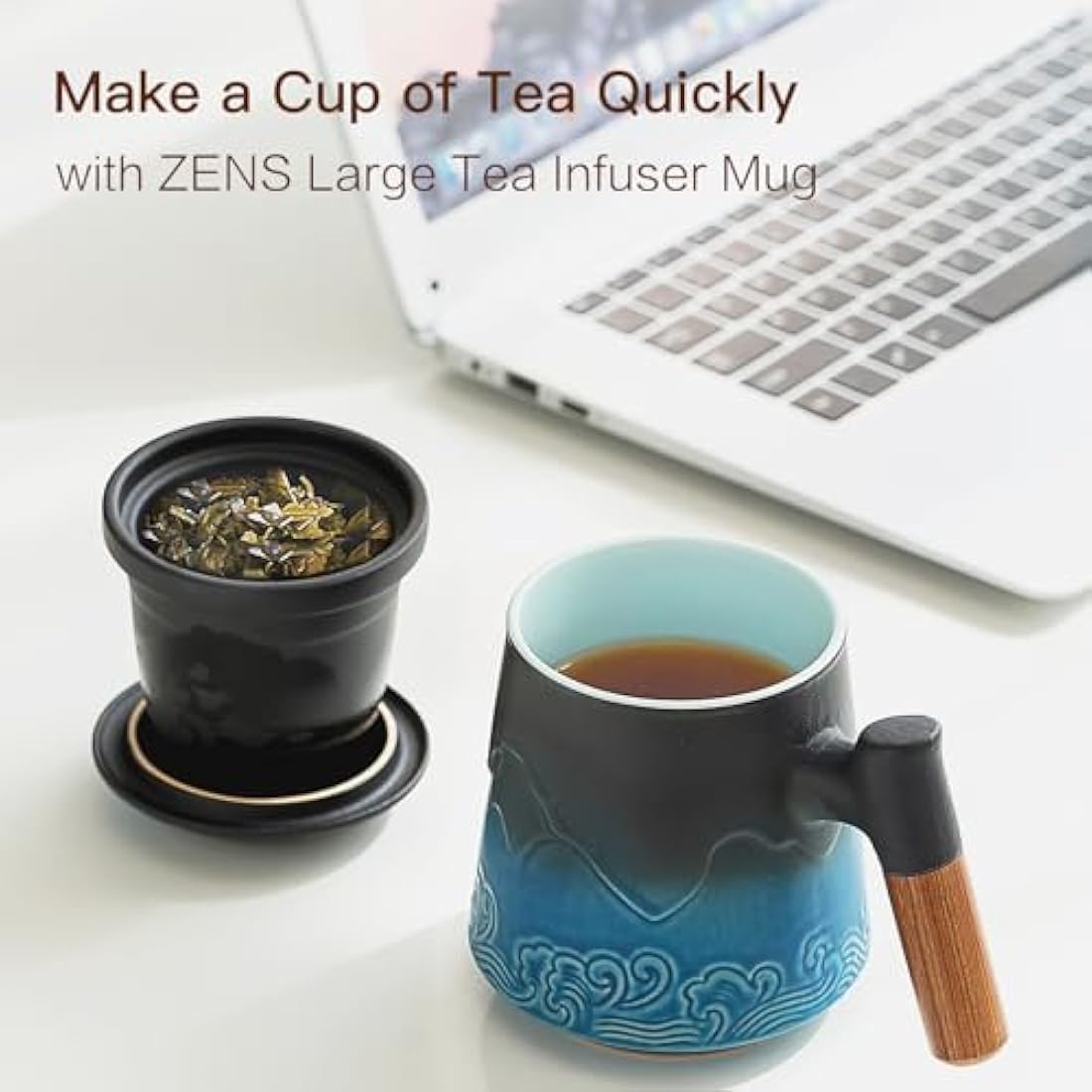 ZENS Tea Mug with Infuser and Lid, 450ML Embossed Ceramic Tea Cup with Strainers for Loose Leaf Tea Diffusers, Wood Handle Tea Infuer Mug for Brewing Tea Accessories for Women Tea Lovers Gifts