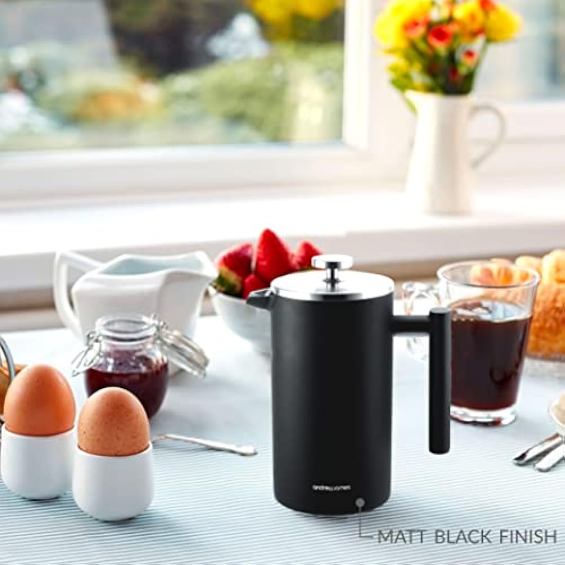 Andrew James Double Walled Stainless Steel Cafetiere Gift Set with 3 Mesh Filters, Coffee Measuring Spoon and Bag Sealing Clip, Delicious French Press Coffee, Easy to Clean (1000ml, Black)