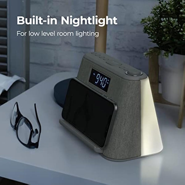 i-box Alarm Clocks Bedside, Alarm Clock with Wireless Charging, Bluetooth Speaker, FM Radio, Qi Wireless Charger, White Noise Machine, Night Light/Mood Light, USB Port, Dimmable, Non Ticking