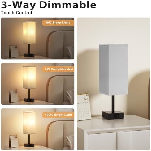 Aooshine Grey Bedside Lamps Set of 2, 3-Way Dimmable Table Lamp with USB-C+A Charging Ports,Lamps for Bedroom with Grey Linen Fabric Shade(Bulbs Included)