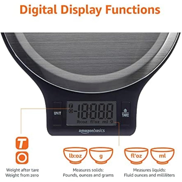 Amazon Basics Digital kitchen scales with LCD display (with batteries), Black and Stainless Steel, BPA free, Weighs up to 11 pounds