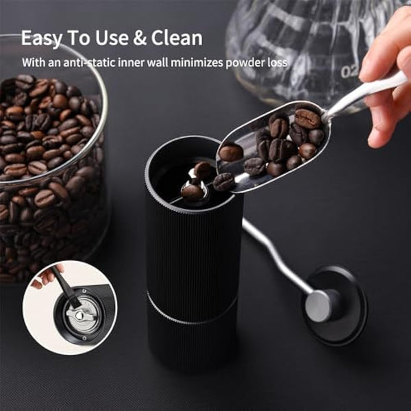 ELMWAY Manual Coffee Grinder – Stainless Steel Burr & Shaft, Dual Bearings, Lightweight Aluminium Body & Handle, Adjustable Grind, ABS Support Frame, Travel Pouch – Black