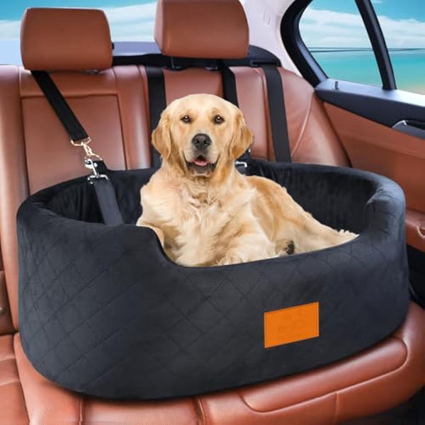 Dog Car Seat for Large/Medium Dogs Under 55 lbs, Travel Bed with thick Washable Booster Pet Car Seat with Non-Slip Base, Fits SUV & Car Back Seat (Black)