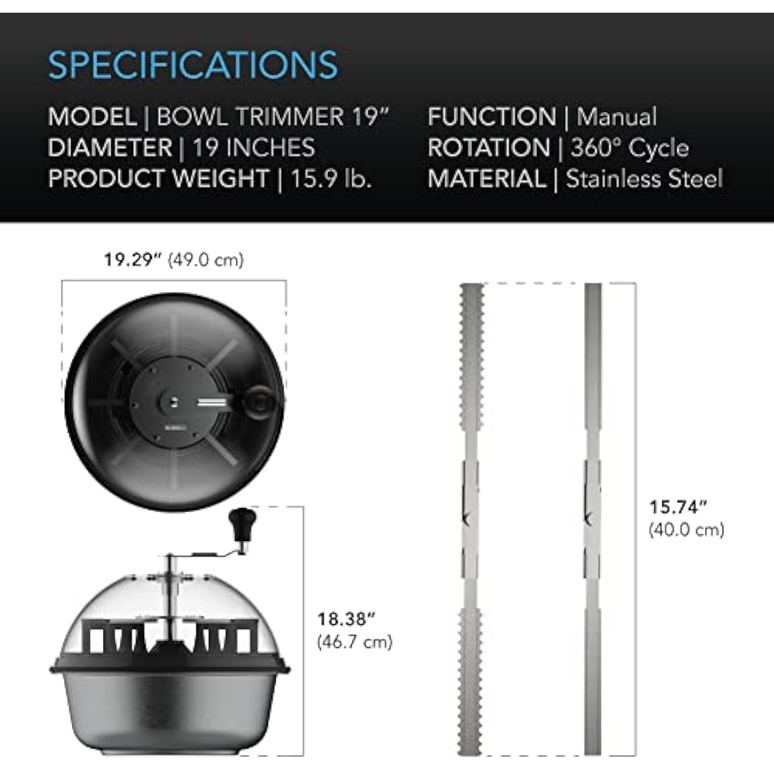 AC Infinity Bud Leaf Bowl Trimmer 48cm Clear Visibility Dome with Sharp Stainless Steel Blades, for Twist Spin Cutting Leaves, Buds, Flowers, Hydroponics Plants, 19-Inch
